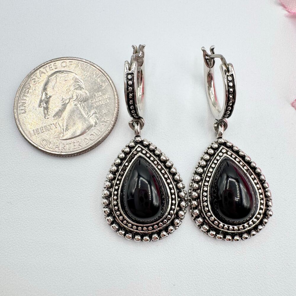 Premier Designs Black Teardrop Cabochon Bali Style Earrings Eastern Ethnic Boho - Picture 2 of 9